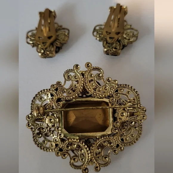Vintage Mid Century Czech Filigree & Blue Glass Brooch & Earring Set